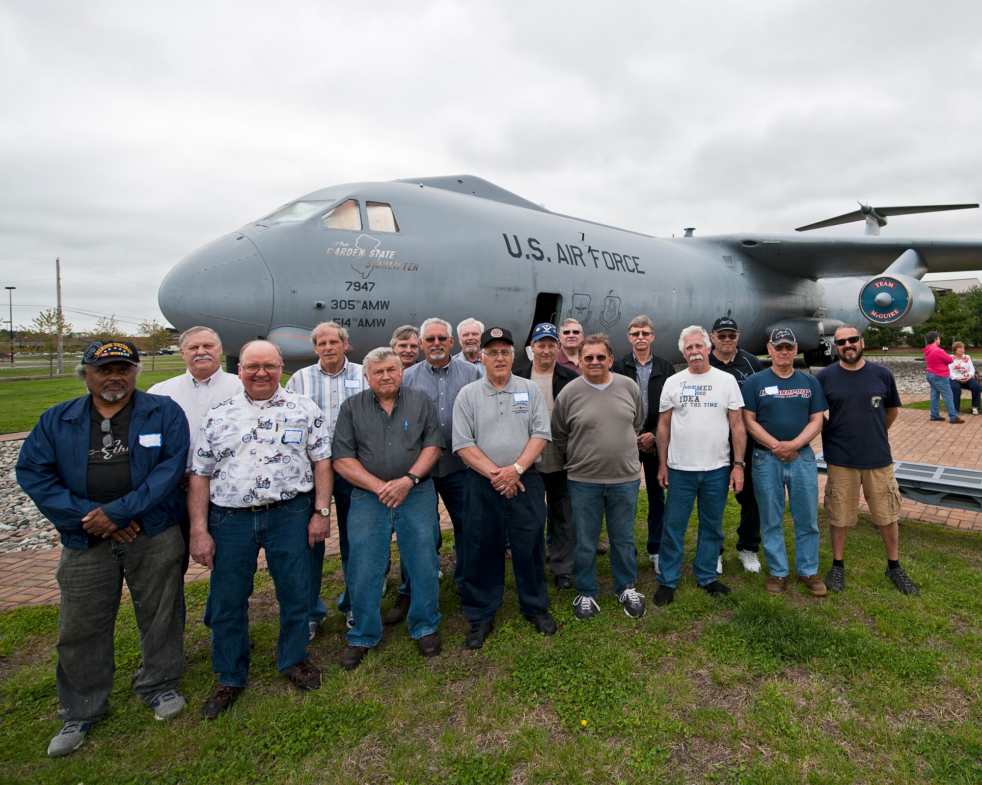 Members of the 903rd/514th Maintenance Alumni's pose in front of an C-141 Starlifter, the aircraft most of the members maintained, during their 6th annual reunion May 5. The group of approximately 40 retired aircraft maintainers represent over 50 decades of Reservists and Air Reserve Technicians (U.S. Air Force photo/Christian DeLuca).