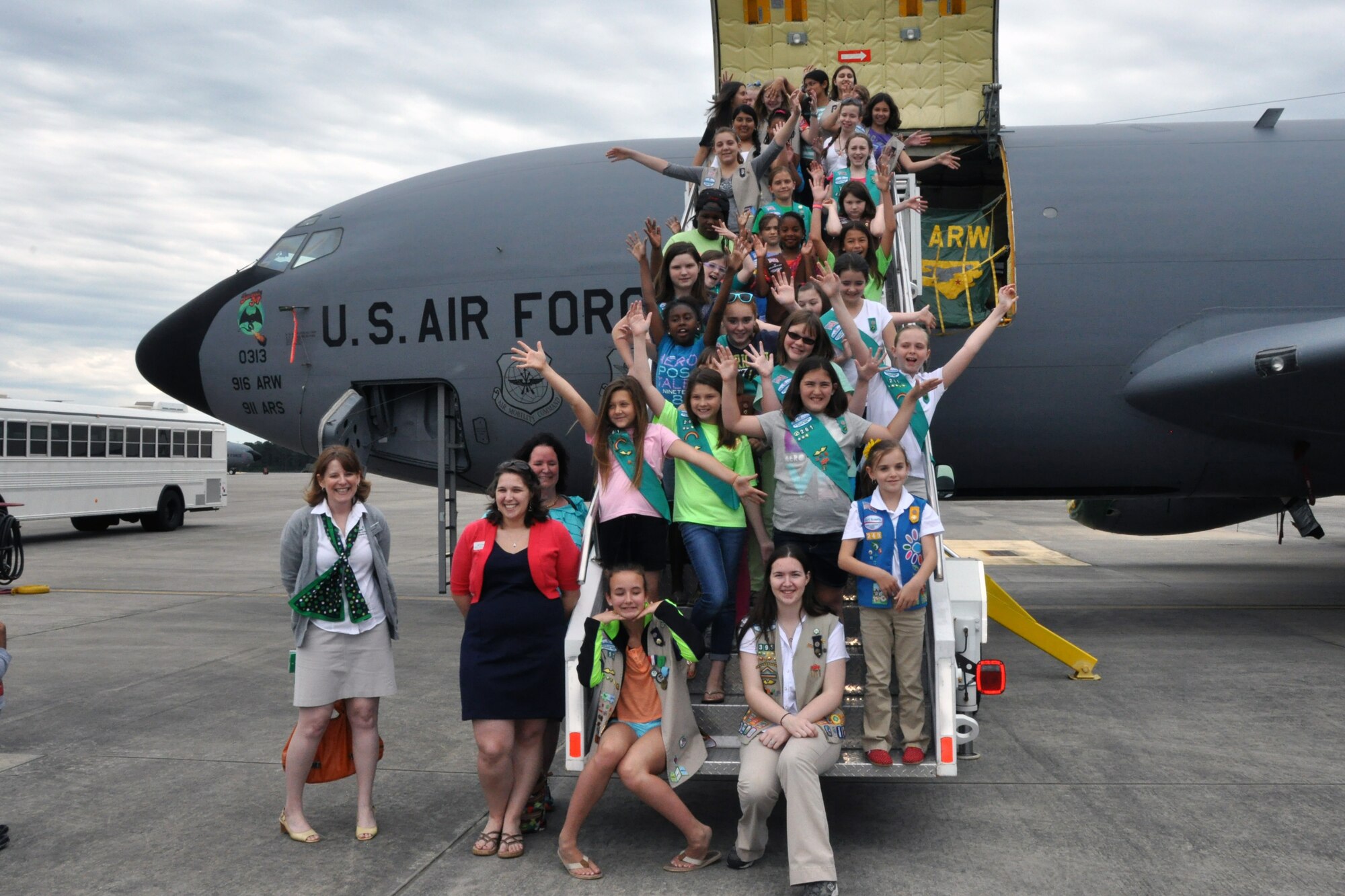 Girl Scouts from eastern North Carolina tour a KC-135R Stratotanker aircraft at Seymour Johnson Air Force Base, N.C. The local troops donated more than 4,000 boxes of cookies to the 916th Air Refueling Wing to help increase morale of Reserve and active duty service members. *Girl Scouts of America is a private organization and has no governmental status. The appearance of this photo does not constitute endorsement by the U. S. Government or the U. S. Air Force. (U.S. Air Force photo/Master Sgt. Wendy Lopedote)