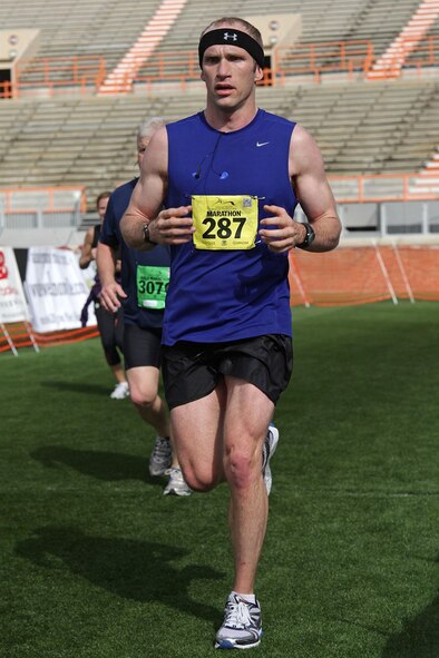 Capt. Caleb Guthmann, 355th Fighter Squadron flight commander, competes in the Knoxville Marathon, April 1, 2012, in Knoxville, Tennessee. Guthmann placed 10th with a time of 3:00:34. (Courtesy photo)