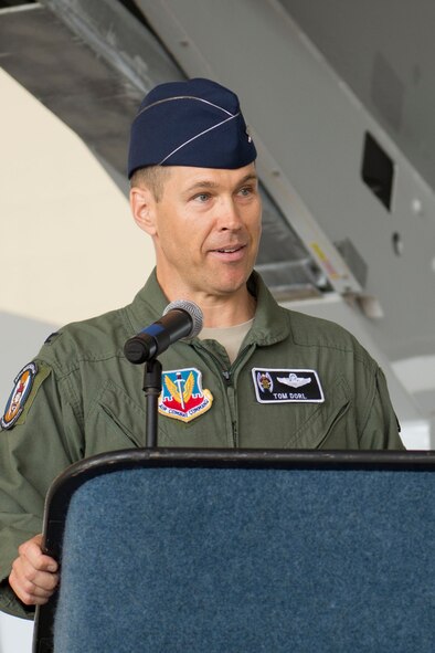 U.S. Air Force Col. Thomas Dorl, 347th Rescue Group commander, gives remarks after assuming command of the unit during a ceremony May 29, 2014, at Moody Air Force Base, Ga. Dorl was previously stationed at Moody from 1997 to 1999 when he served as a weapons officer with the 41st Rescue Squadron. (U.S. Air Force photo by Airman Dillian Bamman/Released)