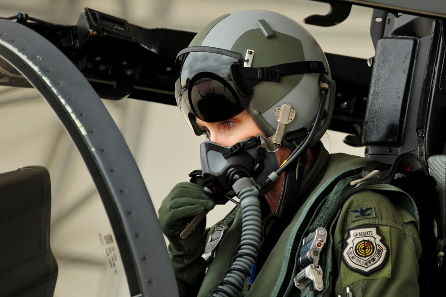 Col. Jeannie Leavitt, 4th Fighter Wing commander, prepares her jet for her final flight as wing commander, May 29, 2014, at Seymour Johnson Air Force Base, North Carolina.  “It's humbling to be part of such an incredible organization,” Leavitt said.  “I look at it as being part of something bigger than myself.”  (U.S. Air Force photo/Airman 1st Class Brittain Crolley)