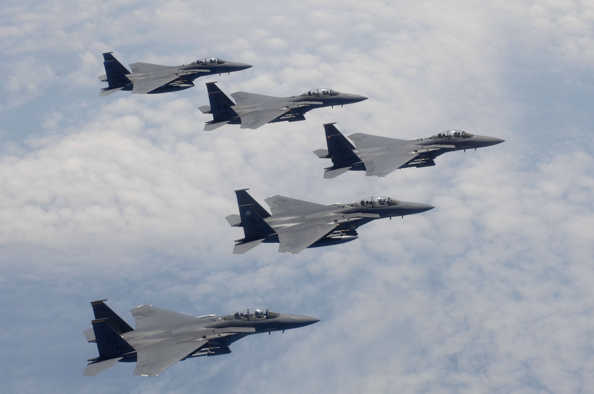 Col. Jeannie Leavitt, 4th Fighter Wing commander, flies with fellow 4th FW aircrew members during her fini-flight, May 29, 2014, over North Carolina. A fini-flight is a military aviation tradition that marks the end of a pilot’s or commander’s time at a location or command. (U.S. Air Force photo/Maj. Luke Ball)