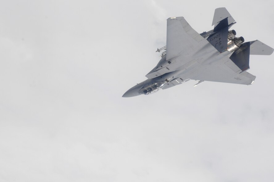 Col. Jeannie Leavitt, 4th Fighter Wing commander, pilots an F-15E Strike Eagle aircraft during her fini-flight, May 29, 2014, over North Carolina. A fini-flight is a military aviation tradition that marks the end of a pilot’s or commander’s time at a location or command. (U.S. Air Force photo/Maj. Luke Ball)