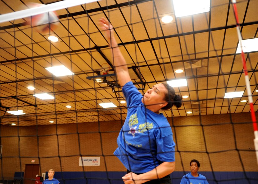 Amber Coley, 4th Medical Group and member of the Air Force Women’s Volleyball Team, practices in the Luke Air Force Base Bryant Fitness Center May 15. (U.S. Air Force photo/Senior Airman Marcy Copeland)