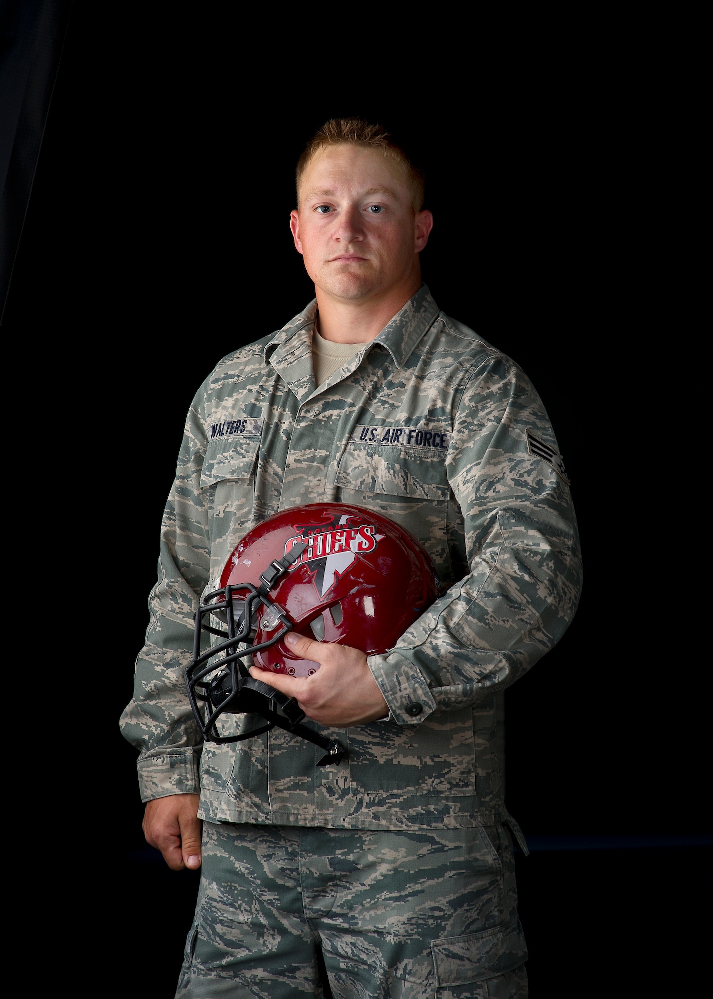 Senior Airman Cody Walters, 60th Medical Support Squadron medical logistics technician, is an Airman that plays for a AAA minor league football team in the local community. Walters serves as the Solano Chiefs leading tackler and defensive captain. (U.S. Air Force photo/T.C. Perkins Jr.)