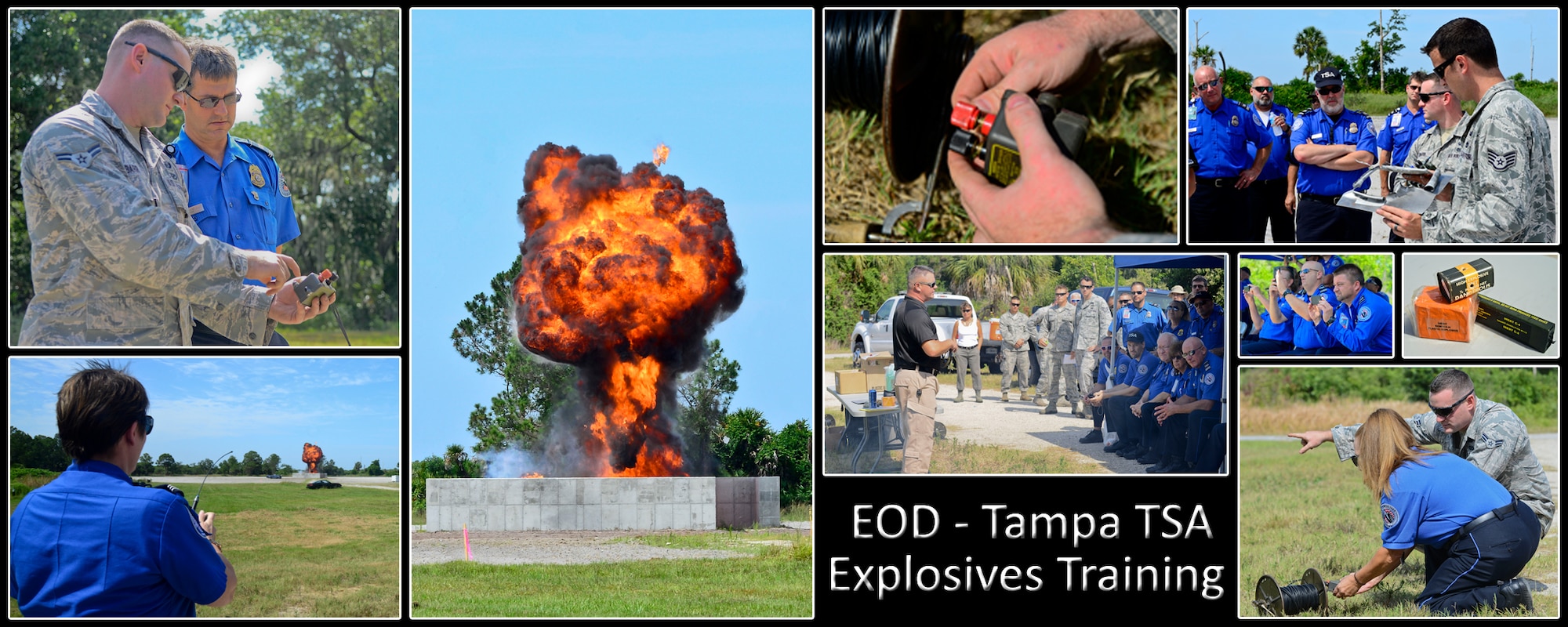 6th Civil Engineer Squadron explosive ordnance disposal technicians showcased the destructive capabilities of multiple explosives to Transportation Security Administration officers at the EOD range May 28, 2014, at MacDill Air Force Base, Fla. More than 60 TSA officers visited the EOD range for this training during two visits over the past week. (U.S. Air Force photo by Airman 1st Class Ned T. Johnston/Released)