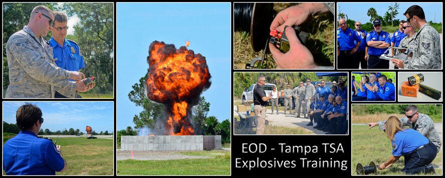 6th Civil Engineer Squadron explosive ordnance disposal technicians showcased the destructive capabilities of multiple explosives to Transportation Security Administration officers at the EOD range May 28, 2014, at MacDill Air Force Base, Florida. More than 60 TSA officers visited the EOD range for this training during two visits over the past week. (U.S. Air Force photo/Airman 1st Class Ned T. Johnston)