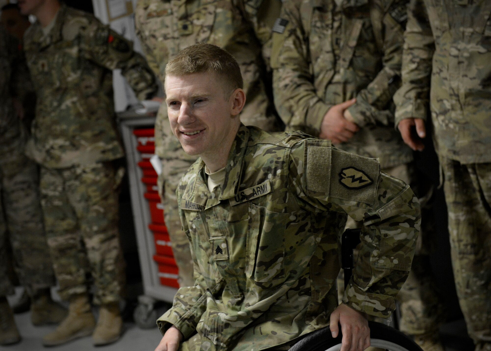 U.S. Army Sgt. Brendan Marrocco, visits Craig Joint Theater Hospital medical staff during Operation Proper Exit at Bagram Airfield, Afghanistan May 28, 2014.  The program is intended to gain a sense of commonality and pride for soldiers severely injured in the line of duty. Marrocco talked about his experience and injuries while deployed.  Marrocco is currently retired and a native of Staten Island, New York. (U.S. Air Force photo by Staff Sgt. Evelyn Chavez/Released)