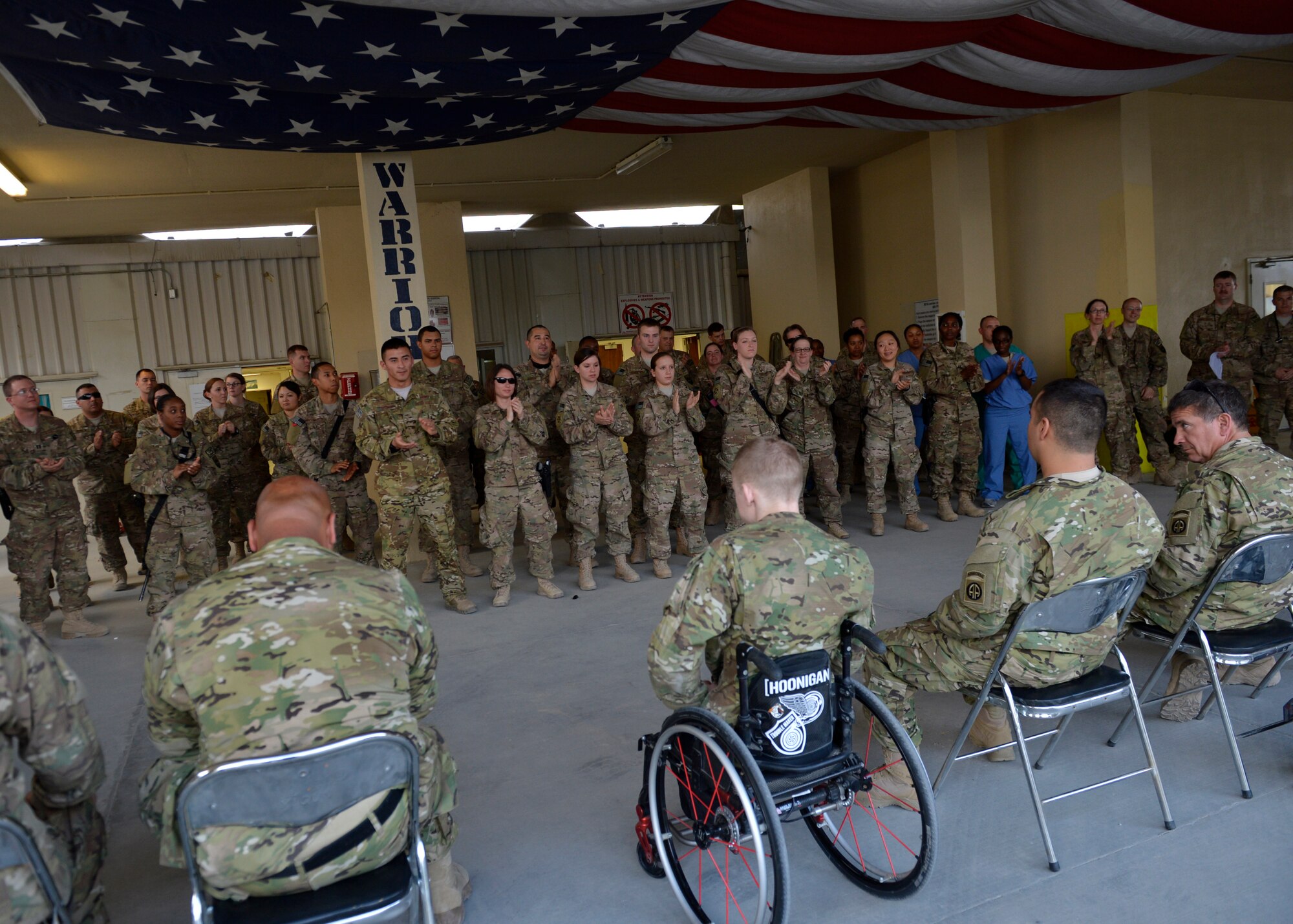 U.S. Army Soldiers visit Craig Joint Theater Hospital medical staff to thank them for their support during Operation Proper Exit at Bagram Airfield, Afghanistan May 28, 2014.  The program is intended to gain a sense of pride and closure for soldiers severely injured in the line of duty. (U.S. Air Force photo by Staff Sgt. Evelyn Chavez/Released)