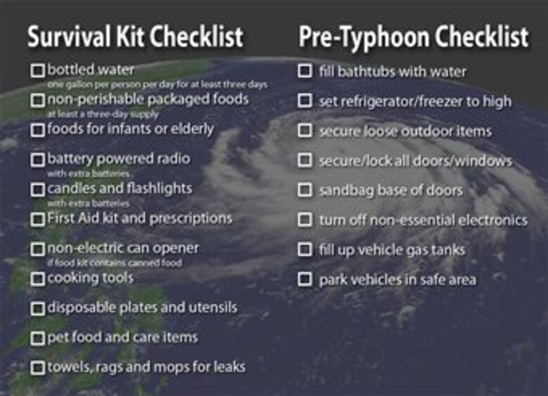 Two checklists to help with preparing for typhoon season, one for household items to have