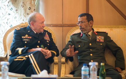 U.S. Army Gen. Martin E. Dempsey, left, chairman of the Joint Chiefs of Staff, meets with Army Lt. Gen. Hamad Thani al-Rumaithi, chief of staff of United Arab Emirates’ armed forces, in Abu Dhabi, United Arab Emirates, May 28, 2014. 