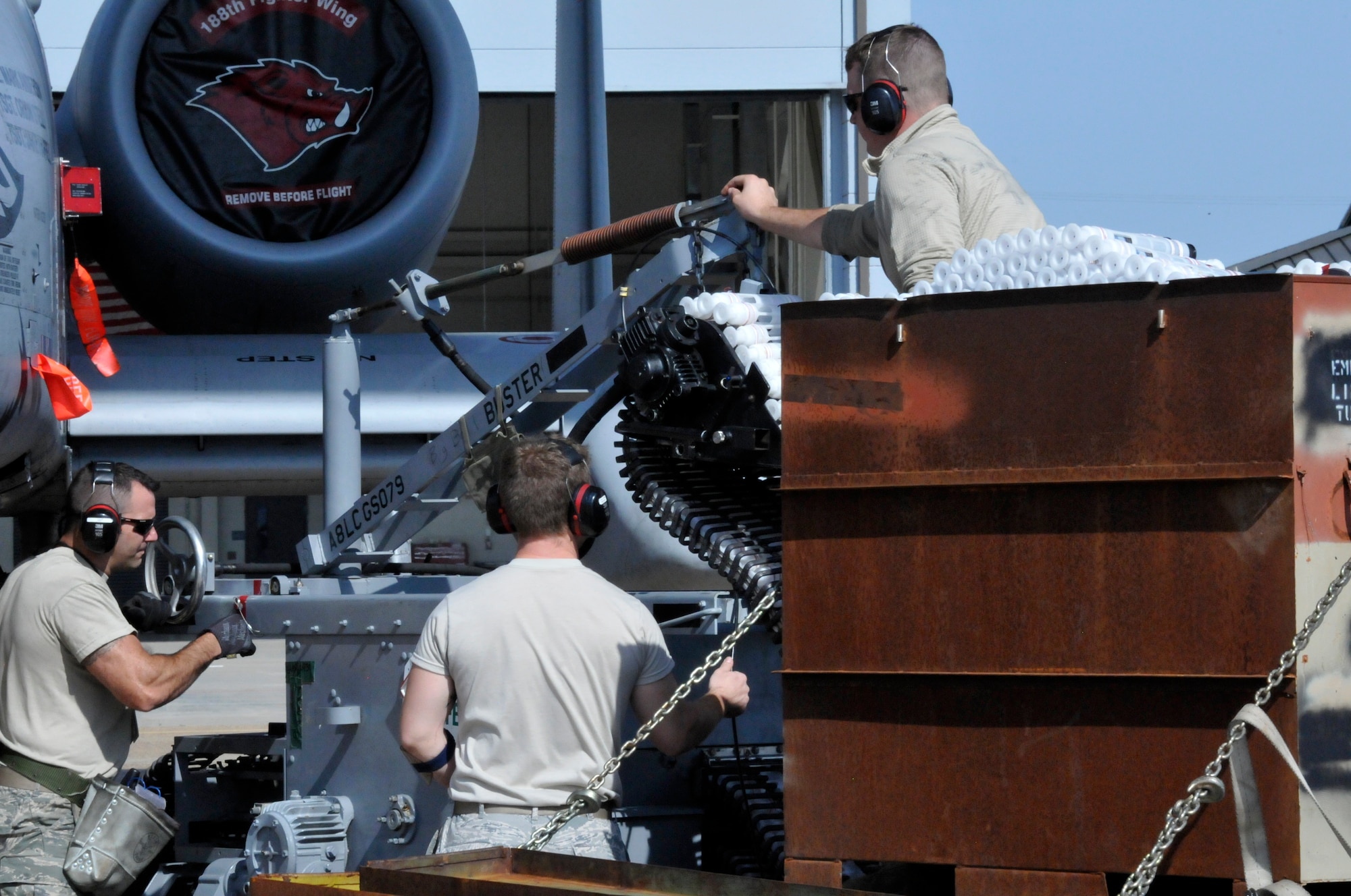 Airmen from the 188th Aircraft Maintenance Squadron’s Weapons Element conduct the last 30mm Gatling gun download on an A-10C Thunderbolt II “Warthog” aircraft at Ebbing Air National Guard Base, Fort Smith, Arkansas, May 19, 2014. The unit is currently converting from a fighter mission to a remotely piloted aircraft, intelligence, reconnaissance, surveillance and reconnaissance mission. The last two aircraft will leave during the June 7, 2014. (U.S. Air National Guard photo by Tech. Sgt. Josh Lewis/released) 