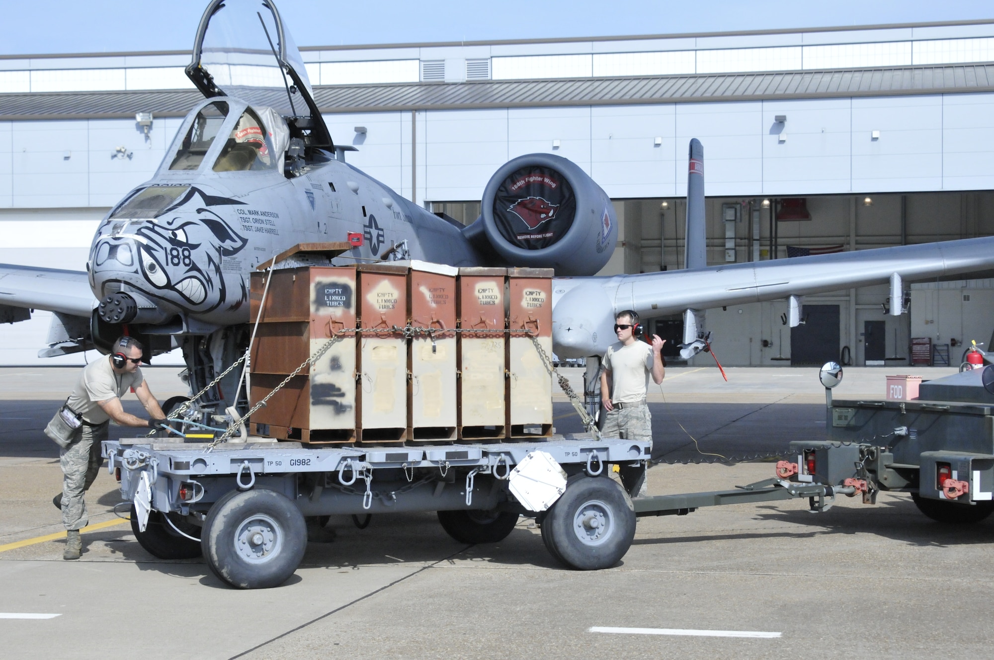Airmen from the 188th Aircraft Maintenance Squadron’s Weapons Element conduct the last 30mm Gatling gun download on an A-10C Thunderbolt II “Warthog” aircraft at Ebbing Air National Guard Base, Fort Smith, Arkansas, May 19, 2014. The unit is currently converting from a fighter mission to a remotely piloted aircraft, intelligence, reconnaissance, surveillance and reconnaissance mission. The last two aircraft will leave during the June 7, 2014. (U.S. Air National Guard photo by Tech. Sgt. Josh Lewis/released) 