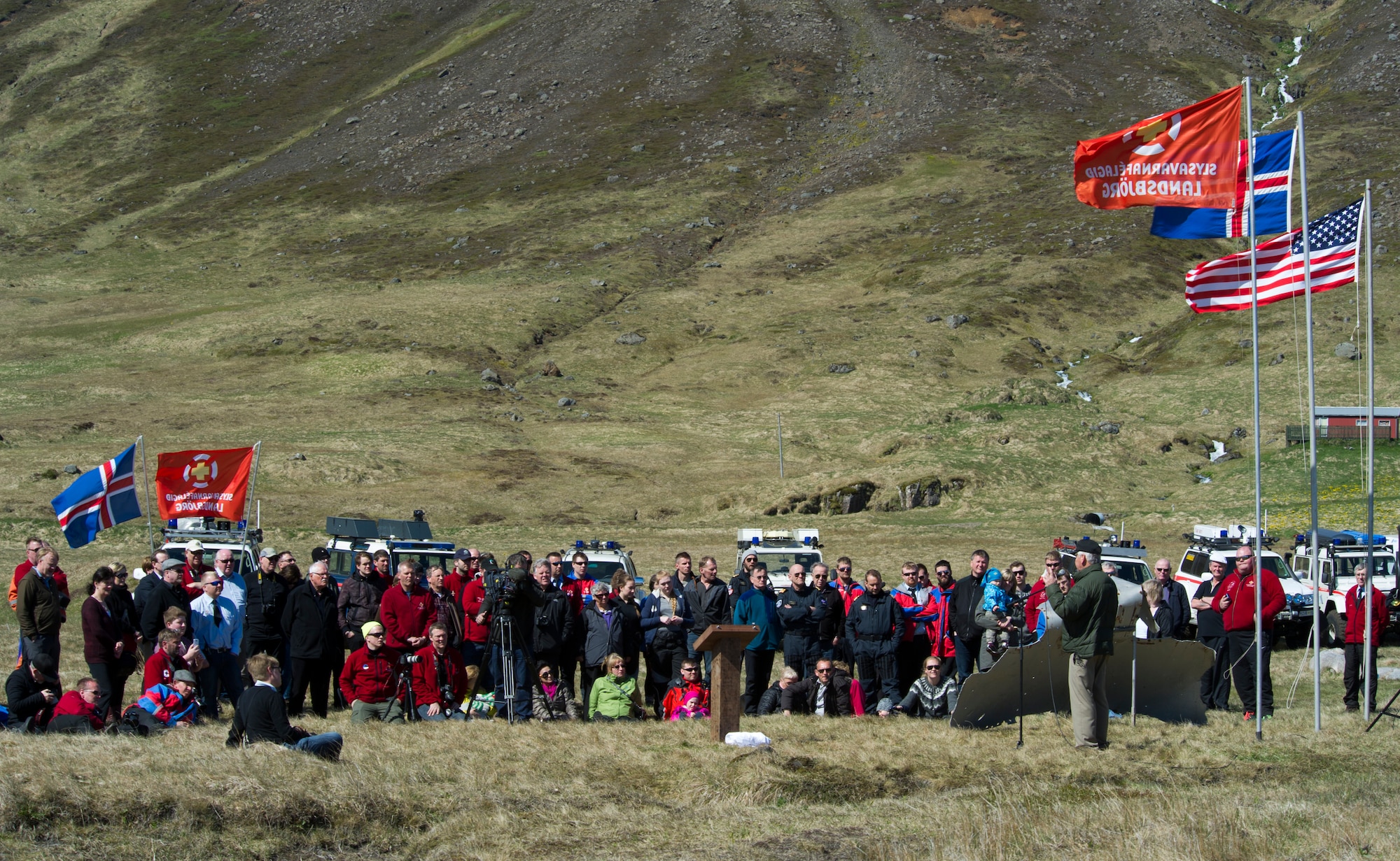 VODLAVIK, Iceland -- Retired Col. Gary Copsey speaks during a ceremony May 30, 2014, commemorating a rescue mission on the coastline of Vodlavik, Iceland. During the mission, U.S. Airmen saved the lives of six Icelanders stranded aboard their ship, the Godinn. (U.S. Air Force photo/Tech. Sgt. Benjamin Wilson)(Released) 