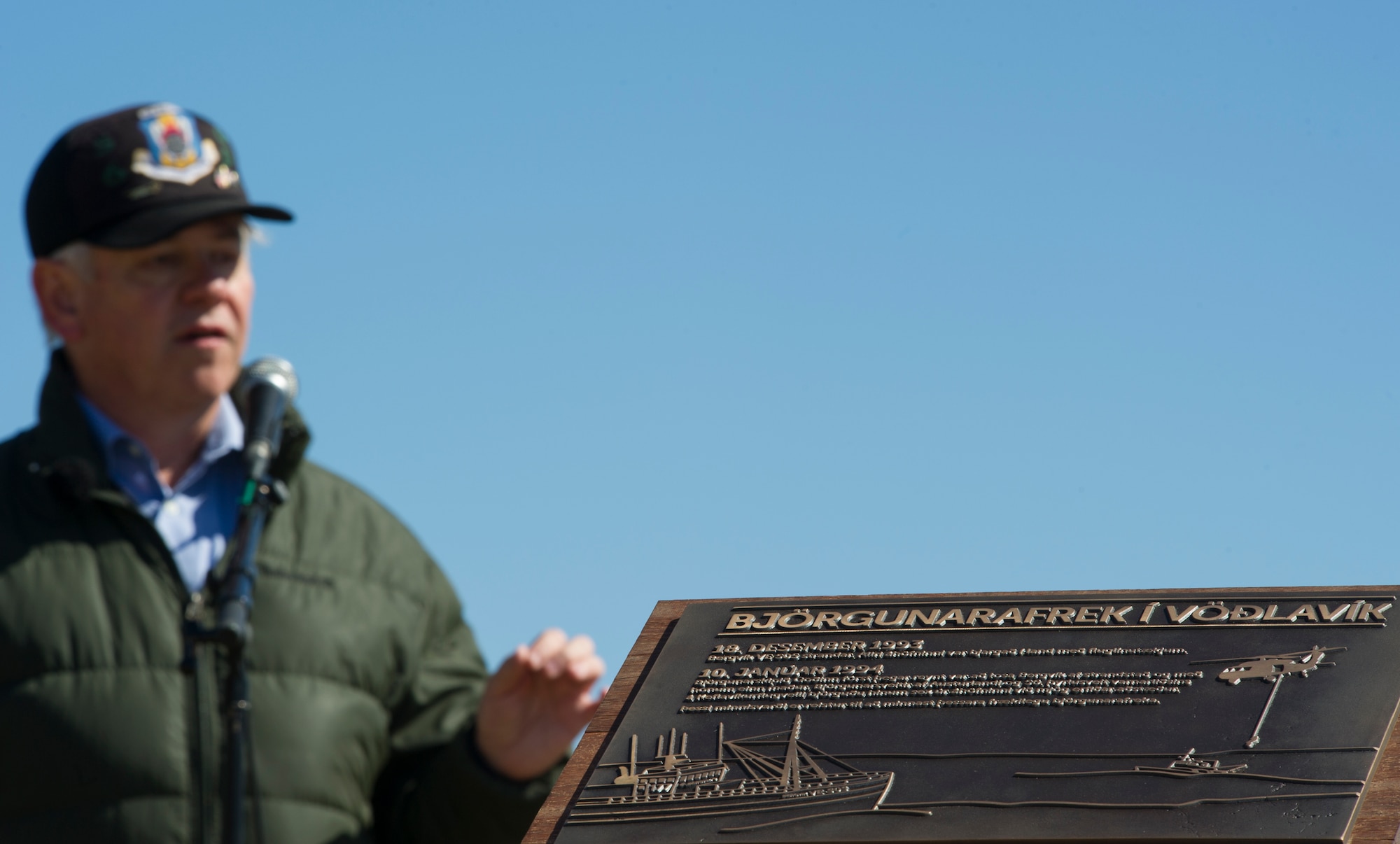 VODLAVIK, Iceland -- Retired Col. Gary Copsey speaks during a ceremony May 30, 2014, commemorating a rescue mission on the coastline of Vodlavik, Iceland. During the mission, U.S. Airmen saved the lives of six Icelanders stranded aboard their ship, the Godinn. (U.S. Air Force photo/Tech. Sgt. Benjamin Wilson)(Released) 