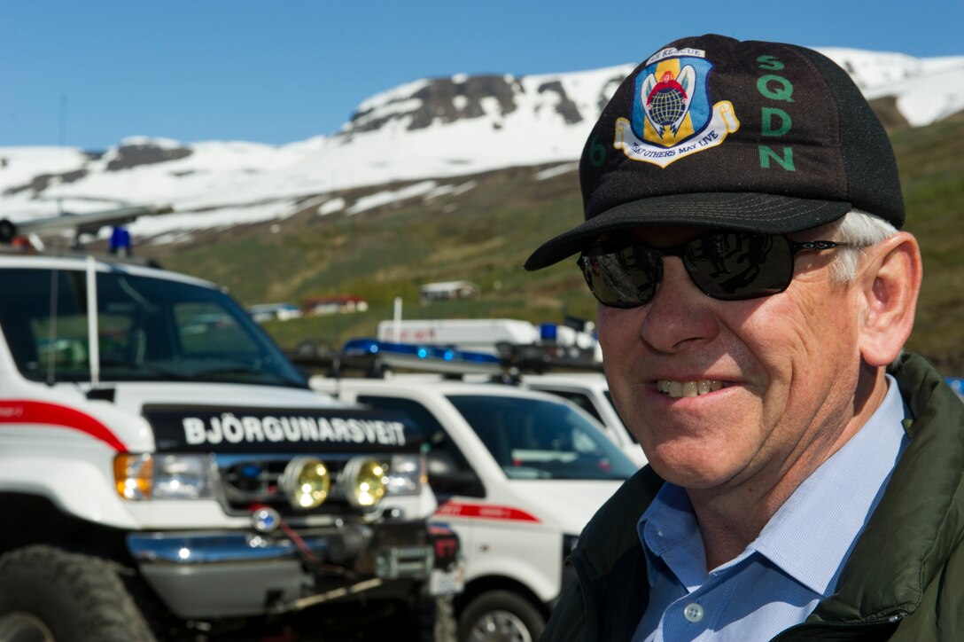 VODLAVIK, Iceland -- Retired Col. Gary Copsey smiles before a ceremony May 30, 2014, commemorating a rescue mission on the coastline of Vodlavik, Iceland. Copsey was an HH-60 pilot during the mission, which saved the lives of six Icelanders stranded aboard their ship, the Godinn. (U.S. Air Force photo/Tech. Sgt. Benjamin Wilson)(Released) 