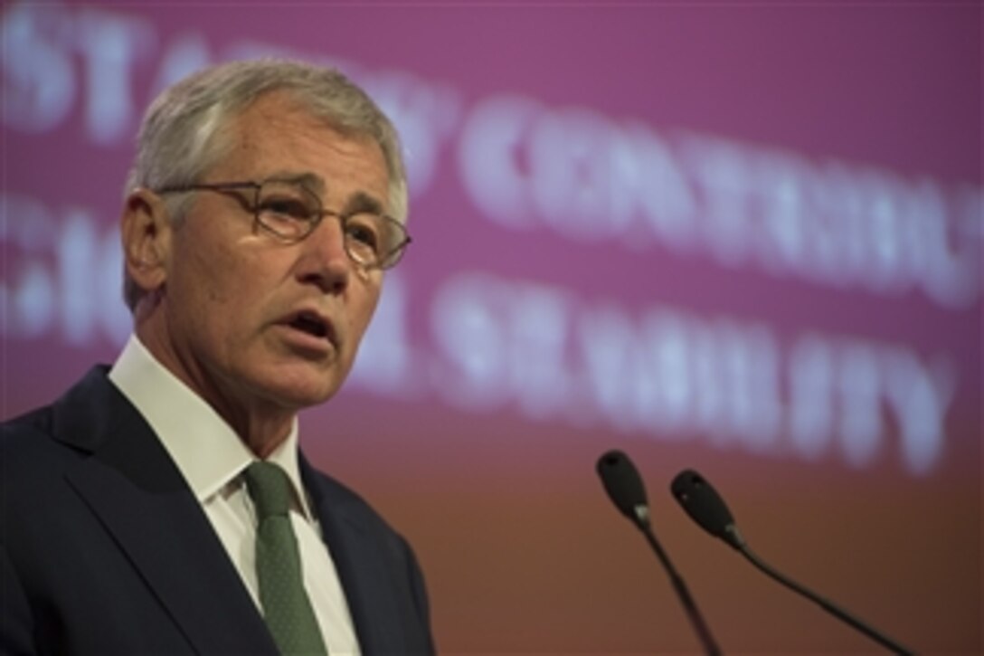 U.S. Defense Secretary Chuck Hagel delivers opening remarks during the preliminary session of the Shangri-La Dialogue in Singapore, May 31, 2014. 