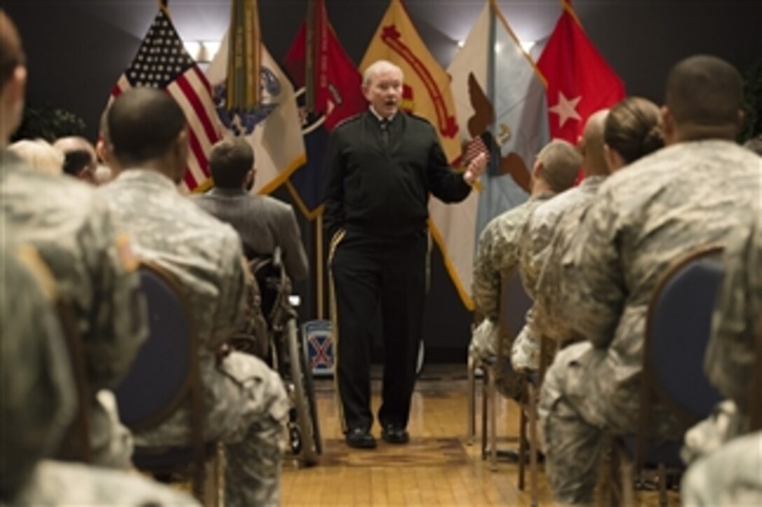 Army Gen. Martin E. Dempsey, chairman of the Joint Chiefs of Staff, speaks to soldiers from the Army's 10th Mountain Division during a town hall meeting on Fort Drum, N.Y., Oct. 31, 2014. 