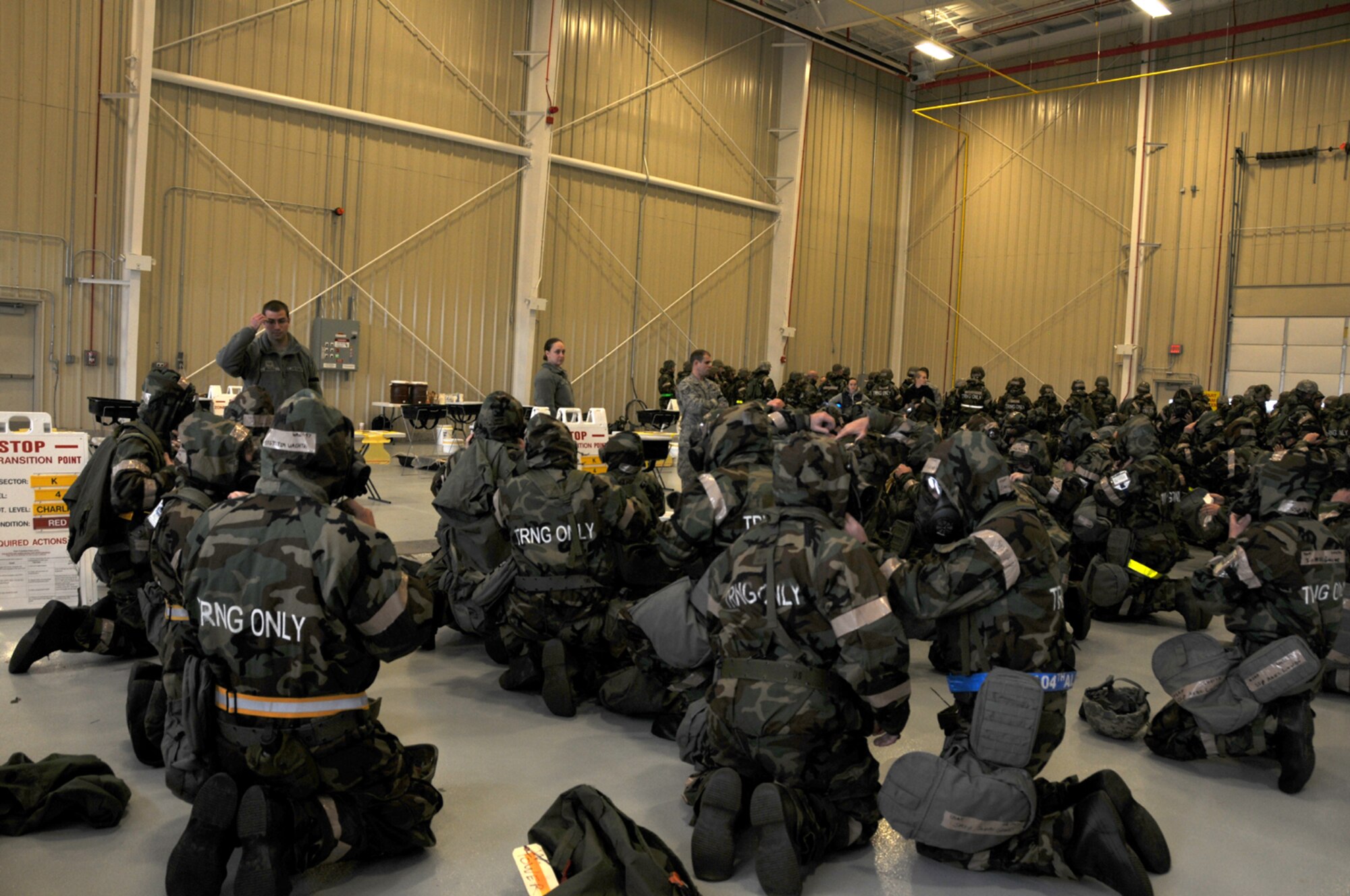 BARNES AIR NATIONAL GUARD BASE, WESTFIELD, Mass. – More than 500 Airmen from the 104th Fighter Wing participated in an Expeditionary Skills Rodeo in the main hangar here Nov. 2, 2014.  The training covered a myriad of tasks including CBRNE (chemical, biological, radiological, nuclear, and explosive) response techniques, as well as a comprehensive refresher course in Self Aid and Buddy Care, preparing Airmen to be mission ready for future contingencies. (U.S. Air National Guard photo by Tech. Sgt. Lindsey Watson-Kirwin/Released)