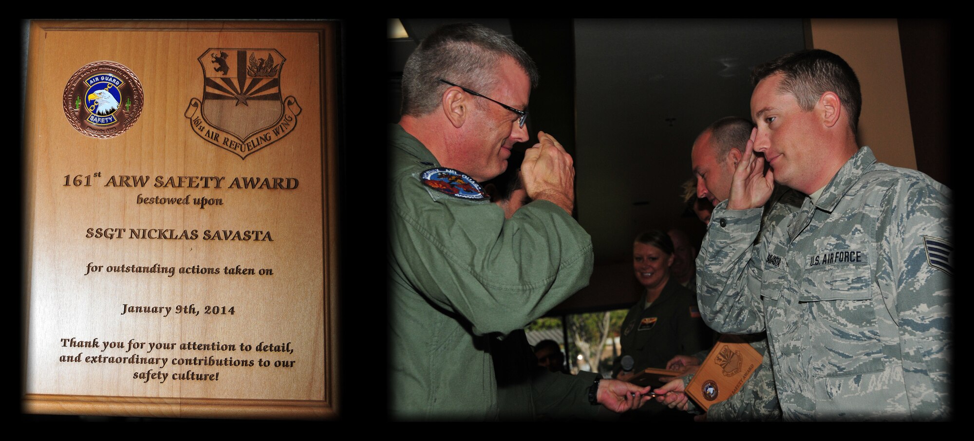 (From Left) Lt. Col. Jim Gloss, 197th Air Refueling Squadron commander, presents Staff Sgt. Nick Savasta, 161st Maintenance Group crew chief, with the 161st Air Refueling Wing safety award for “outstanding action”, Phoenix, Nov. 2, 2014. Savasta, along with crew chiefs Tech. Sgt. Bethany Skaritka and Staff Sgt. Chris Hostetler, prevented an in-flight emergency by noticing a hydraulic leak just as the aircraft was about to take off. “The working relationship between Maintenance and Operations is integral to successful mission accomplishment, both during home station training and global operations,” said Maj. Tami Demik, 161st Air Refueling Wing safety officer. “Maintaining a positive and proactive safety culture, and employing accurate risk management techniques, allow the 161st Air Refueling Wing to deliver 100% mission effectiveness.” (U.S. Air National Guard Photo Illustration by Tech. Sgt. Courtney Enos/Released)
