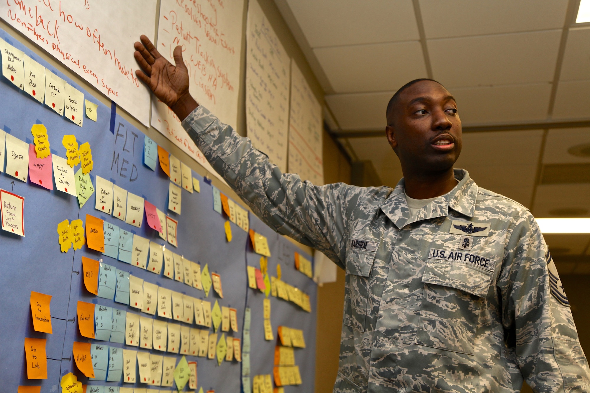 Senior Master Sgt. Jehad A. Karriem, the 315th Aerospace Medical Squadron superintendent of aeromedical services, talks during an interview about the challenges facing the AMDS during combined unit training assemblies Saturday Nov. 1, 2014, in the main meeting room in the aerospace medicine clinic here at Joint Base Charleston, South Carolina. (U.S. Air Force photo by Staff Sgt. Rashard Coaxum)
