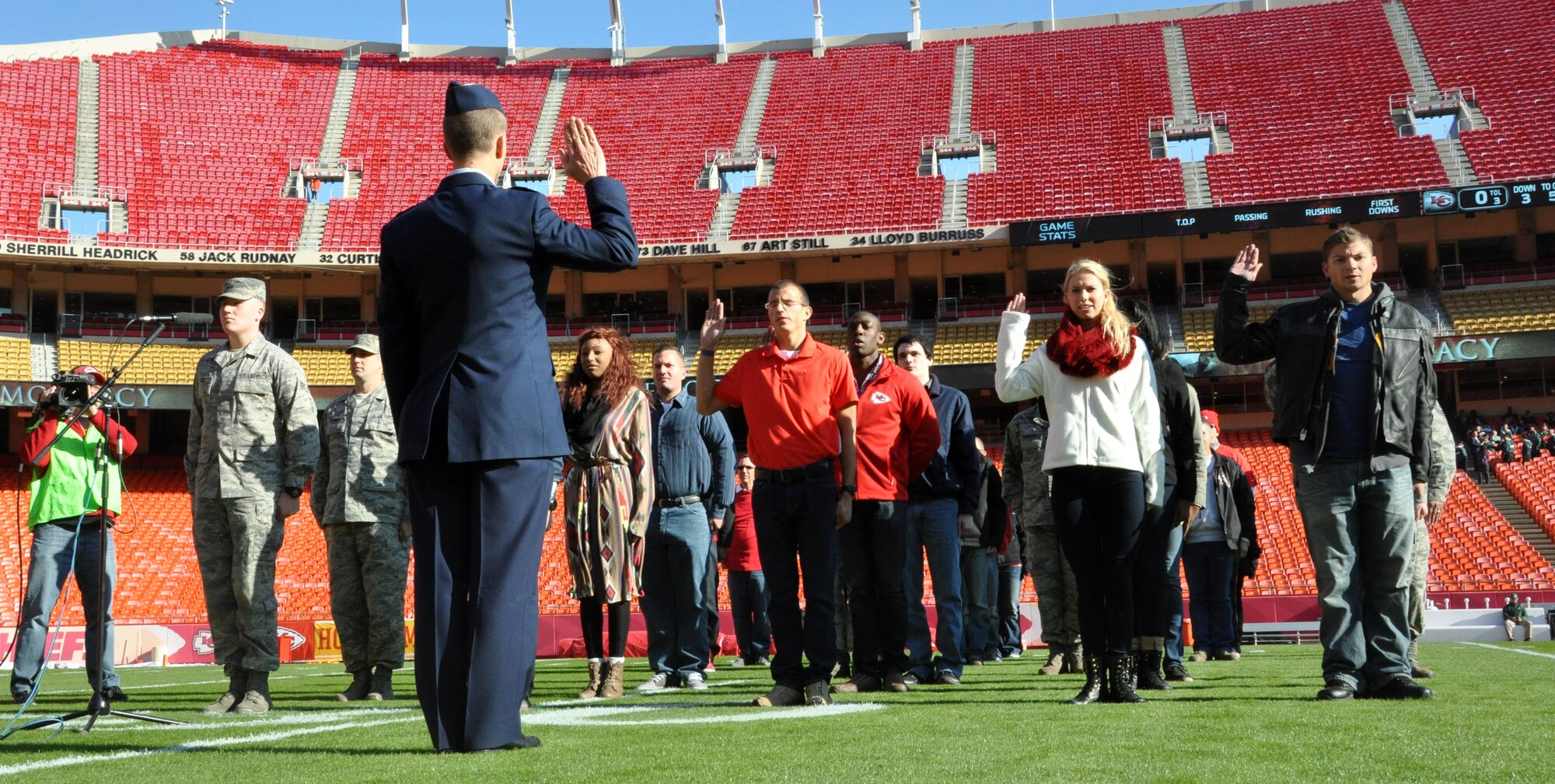 The newest members of the 442d Fighter Wing enlisted at Arrowhead Stadium in Kansas City, Mo. before the football game November 2, 2014. 