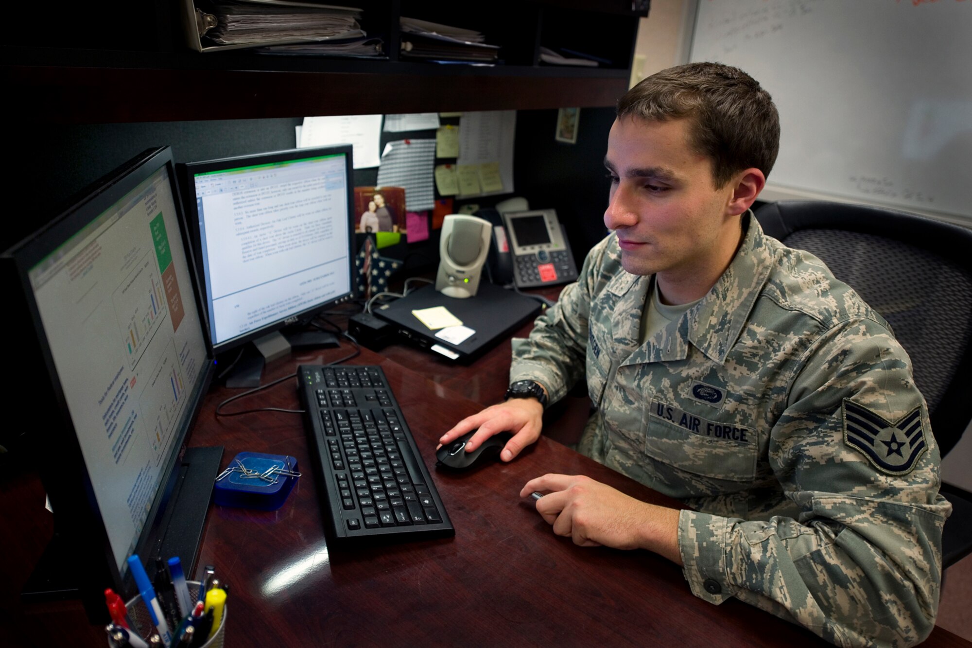 Staff Sgt. John Hentgen, 434th Force Support Squadron assistant chief of force management, looks at the Thrift Savings Plan web site at Grissom Air Reserve Base, Ind., Nov. 1, 2014. Hentgen recently began investing into TSP and uses a variety of tools on the web site to determine his best retirement investment strategy.