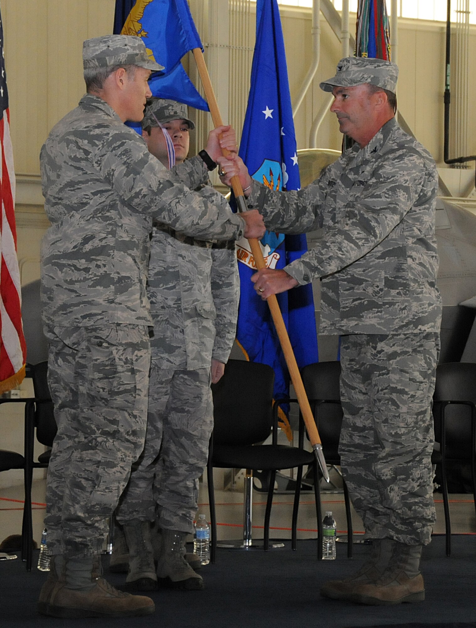 The 192nd Fighter Wing held a joint change of command ceremony for the 192nd FW Maintenance Squadron and the 192nd FW Operations Group, here on October 19, 2014. Lt. Col. Thomas P. McAtee assumed command of the 192nd Operations Group from Col. William J. Butz.  Butz was recently appointed as the Air Operations director at Joint Force Headquarters, Virginia Air National Guard.  Lt. Col. Frank J. Lobash assumed command of the 192nd Maintenance Squadron from McAtee. (U.S. Air National Guard photo by Master Sgt. Carlos J. Claudio/Released)
