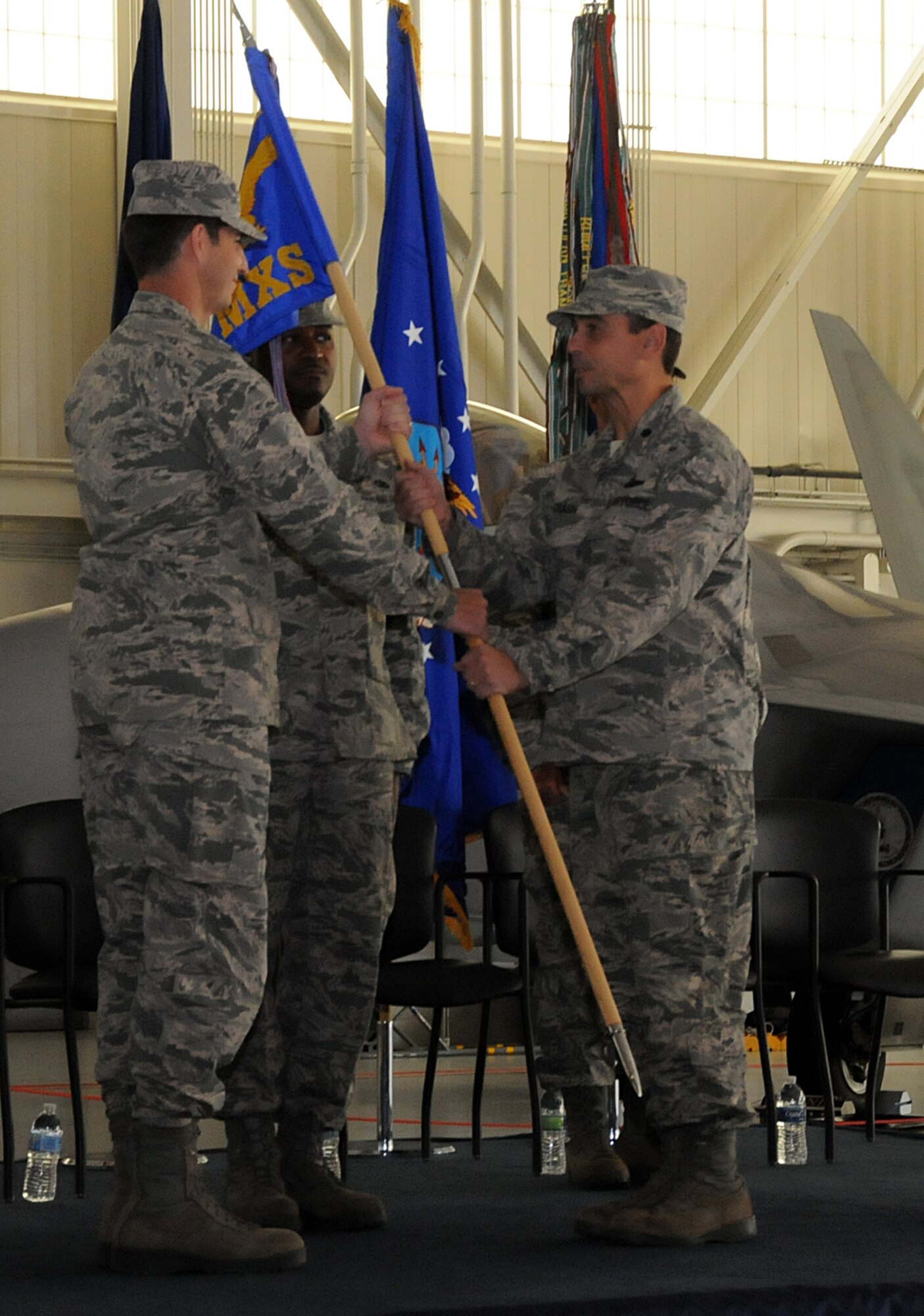 The 192nd Fighter Wing held a joint change of command ceremony for the 192nd FW Maintenance Squadron and the 192nd FW Operations Group, here on October 19, 2014. Lt. Col. Thomas P. McAtee assumed command of the 192nd Operations Group from Col. William J. Butz.  Butz was recently appointed as the Air Operations director at Joint Force Headquarters, Virginia Air National Guard.  Lt. Col. Frank J. Lobash assumed command of the 192nd Maintenance Squadron from McAtee. (U.S. Air National Guard photo by Master Sgt. Carlos J. Claudio/Released)