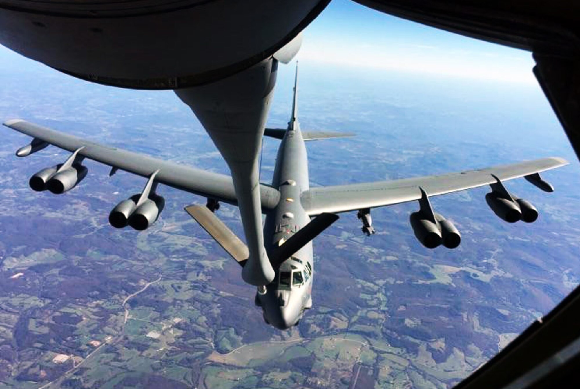 A B-52 Stratofortress from Barksdale Air Force Base, La., is refueled by a KC-135 Stratotanker from McConnell Air Force Base, Kan., during an air refueling training exercise, Nov. 1, 2014. The KC-135 was operated by an aircrew made up of Air Force Reservists from the 931st Air Refueling Group at McConnell. The KC-135 serves as the core of the Air Force’s air refueling fleet and has performing in this role for more than 50 years. (U.S. Air Force photos by Senior Master Sgt. Ray Lewis) 