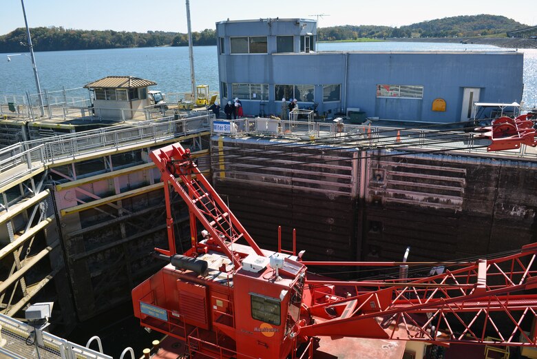 Work crews assessed damage Oct. 31, 2014 on the  upper gate anchorage at Chickamauga Lock. After a brief meeting with engineers, staff and several Tennessee Valley Authority officials, Lt. Col. John L. Hudson, U.S. Army Corps of Engineers Nashville District commander gave the approval to reopen Chickamauga Lock to all navigation traffic as early as Thursday, Nov. 6. 