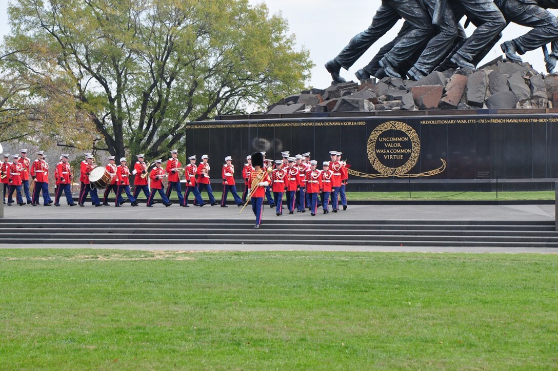 On Nov. 10, 2012, the Marine Band, led by Drum Major Master Gunnery Sgt. William Browne, performed at the Marine Corps War Memorial for the observance of the Marine Corps Birthday and wreath-laying ceremony. (U.S. Marine Corps photo by Master Sgt. John Abbracciamento/released)