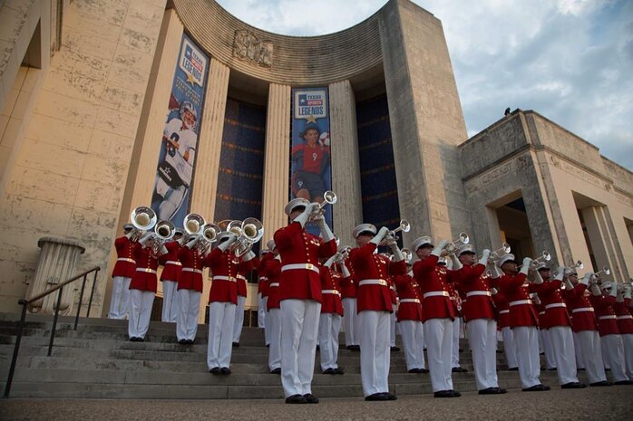 Marines with "The Commandant's Own," The United States Marine Drum & Bugle Corps perfom during the State Fair of Texas, Sept. 27, 2014. This year marked the 51st appearance of "The Commandant's Own," after taking a one-year hiatus in 2013.