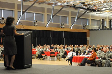 Speakers addressed a military and civilian audience at Camp Dawson, W. Va., Oct. 30, 2014. A three-day, first-ever national Joining Community Forces Workshop wrapped up Oct. 31 between local, state and federal representatives.