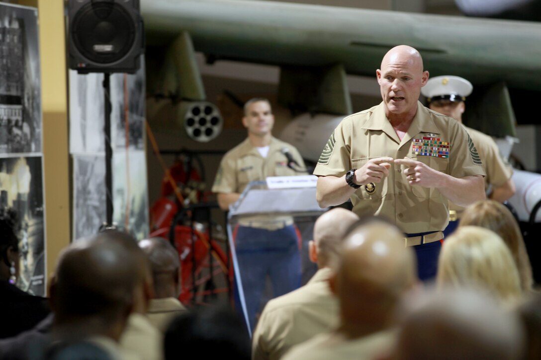 Sgt. Maj. Micheal P. Barrett, the 17th Sergeant Major of the Marine Corps, attends the 1st Marine Corps District Relief and Appointment Ceremony at which Sgt. Maj. Samuel Heyward relinquished his post to Sgt. Maj. Irvin Howard, at the Cradle of Aviation Museum in Garden City, N.Y., Oct. 30, 2014. (U.S. Marine Corps photo by Sgt. Marionne T. Mangrum)