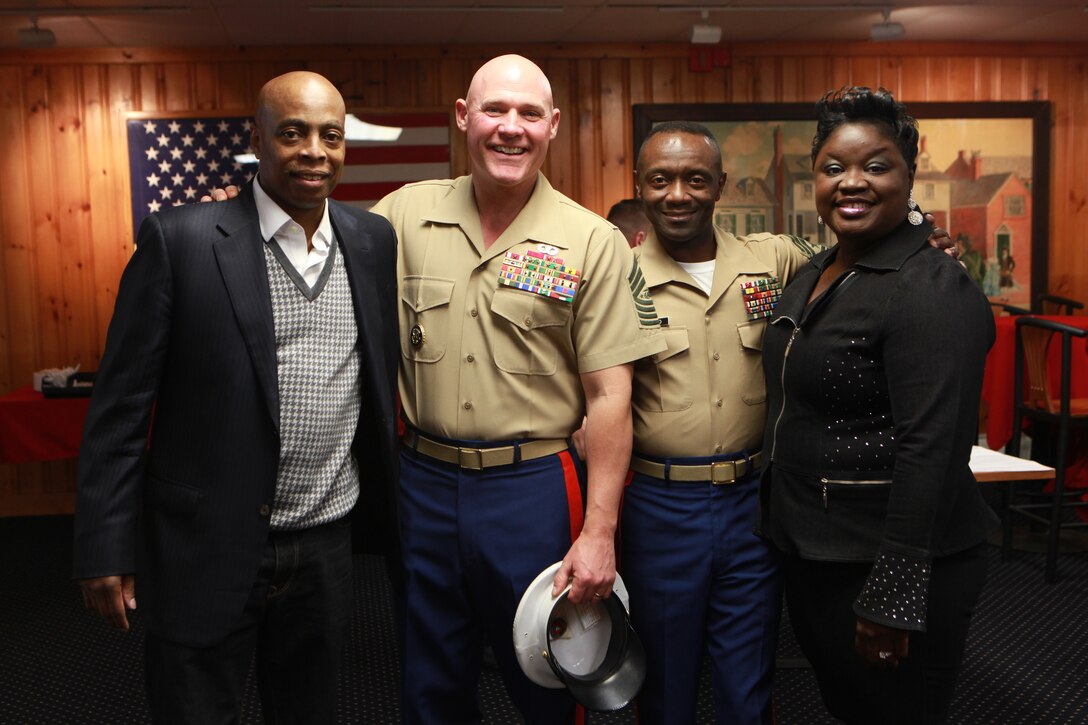 Sgt. Maj. Micheal P. Barrett, the 17th Sergeant Major of the Marine Corps, attends the 1st Marine Corps District Relief and Appointment Ceremony at which Sgt. Maj. Samuel Heyward relinquished his post to Sgt. Maj. Irvin Howard, at the Cradle of Aviation Museum in Garden City, N.Y., Oct. 30, 2014. (U.S. Marine Corps photo by Sgt. Marionne T. Mangrum)