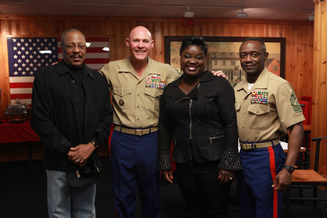 Sgt. Maj. Micheal P. Barrett, the 17th Sergeant Major of the Marine Corps, attends the 1st Marine Corps District Relief and Appointment Ceremony at which Sgt. Maj. Samuel Heyward relinquished his post to Sgt. Maj. Irvin Howard, at the Cradle of Aviation Museum in Garden City, N.Y., Oct. 30, 2014. (U.S. Marine Corps photo by Sgt. Marionne T. Mangrum)