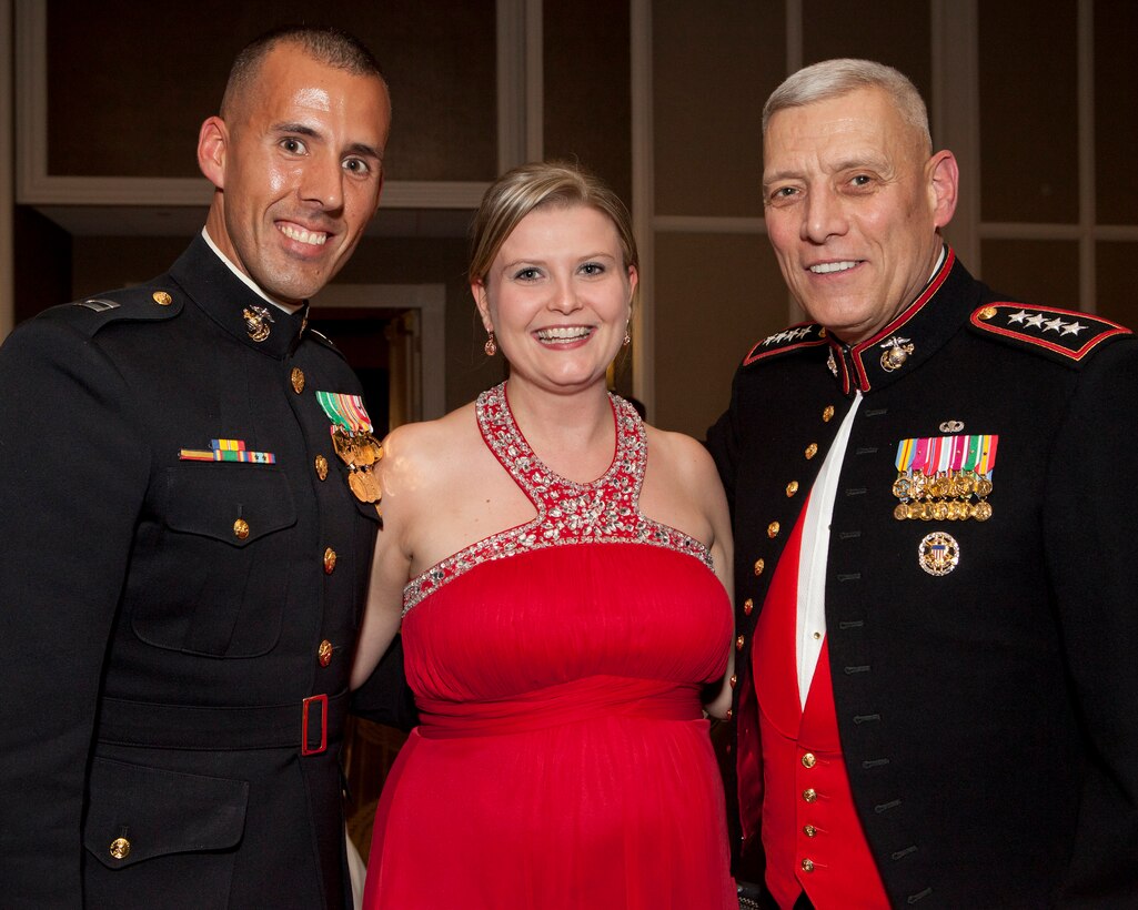 The Assistant Commandant of the Marine Corps, Gen. John M. Paxton, Jr., right, poses for a photo during the Marine Corps Recruiting Command's 239th Marine Corps Birthday Ball in Washington, D.C., Nov. 1, 2014. Gen. Paxton attended the ball as the guest of honor. (U.S. Marine Corps photo by Cpl. Tia Dufour/Released)