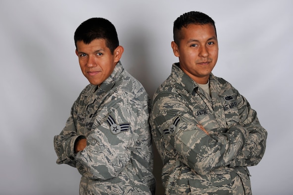 Senior Airman Juan Antonio, left, is stationed with his brother, Airman 1st Class Antonio Antonio, at Langley Air Force Base, Va. Both brothers made senior airman below-the-zone. Juan is a 633rd Force Support Squadron services apprentice and Antonio is a 439th Supply Chain Operations Squadron A-10 Thunderbolt II mission capable technician.  (U.S. Air Force photo/Staff Sgt. Natasha Stannard)