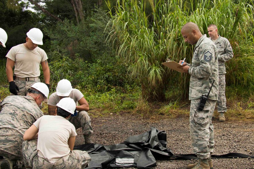 Master Sgt. Ivan Plata, a Wing Inspection Team member for the 482nd Communications Squadron at Homestead Air Reserve Base, Fla., takes notes while inspecting a team of CS members setting up their Joint Incident Site Communications Capability kit during the first ever base recovery exercise here Oct. 23. The 482nd CS inspected themselves setting up their JISCC kit while those not performing the inspection, and the other four Air Force Reserve units, sat down and began drafting operating instructions to encompass each of the 13 kits in the Air Force Reserve. (U.S. Air Force photo/Senior Airman Jaimi L. Upthegrove)