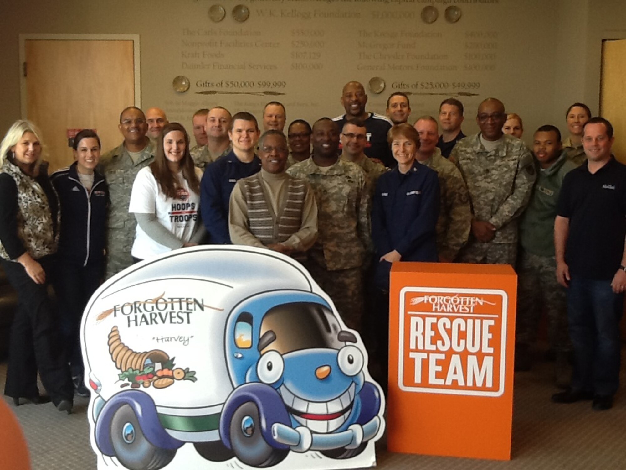 Airmen, Soldiers and Coast Guardsmen from around the Detroit region worked with other volunteers Nov. 3, 2014, at the Forgotten Harvest organization, a non-profit group that works to provide nutritious meals to "food-insecure" people ini the Detroit area. The volunteers spent a day working in the Forgotten Harvest warehouse in Oak Park, Mich. (Courtesy photo)