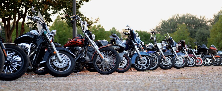 Motorcycles sit together for the third annual Cajun Rumble at Barksdale Air Force Base, La., Oct. 31, 2014. Cajun Rumble began with a safety briefing and a group photo, followed by a mentor ride and bike show. (U.S. Air Force photo/Airman 1st Class Curt Beach)