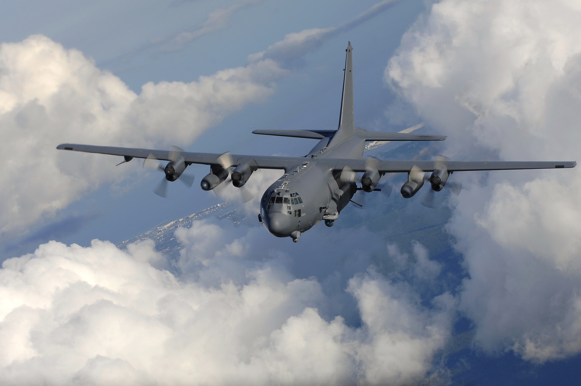 An AC-130U gunship from the 4th Special Operations Squadron, flies near Hurlburt Field, Fla., Aug. 20. The AC-130 gunship's primary missions are close air support, air interdiction and force protection. (U.S. Air Force photo/ Senior Airman Julianne Showalter) 


