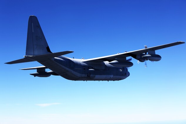Marines with Marine Air Refueler Transport Squadron 252 pilot a KC-130J Super Hercules during a Tactical Navigation training flight at Hunter Army Airfield, Ga., Oct. 23, 2014. The training allows pilots to hone skills through disparate terrain to avoid ground threats.