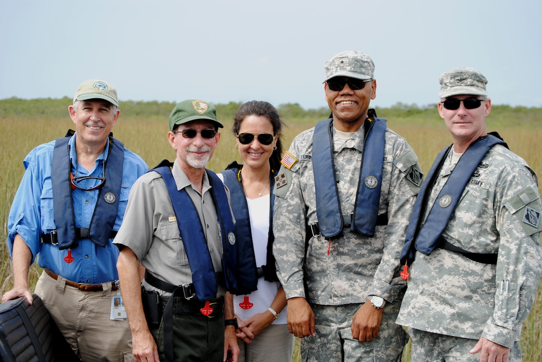 During his visit, Brig. Gen. C. David Turner, met with (from left) Bob Johnson, director of the South Florida Natural Resources Center for Everglades and Dry Tortugas National Parks; Bob Krumenaker , acting superintendant of Everglades National Park; and Shannon Estenoz, director of Everglades Initiatives for the Department of the Interior.  He was also accompanied by Jacksonville District commander Col. Alan Dodd for the duration of his visit to Florida Sept. 15-19.
