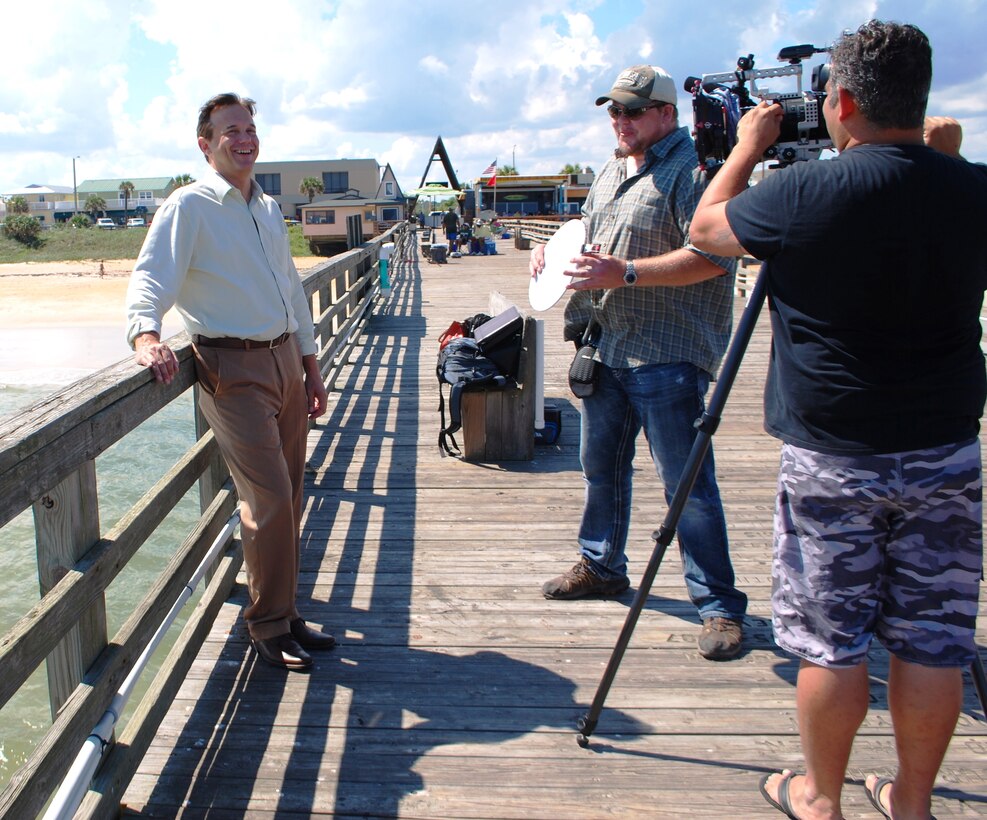 Jason Engle chats with Big Monster Entertainment film crew prior to an hour-long interview on the Flagler Beach pier.