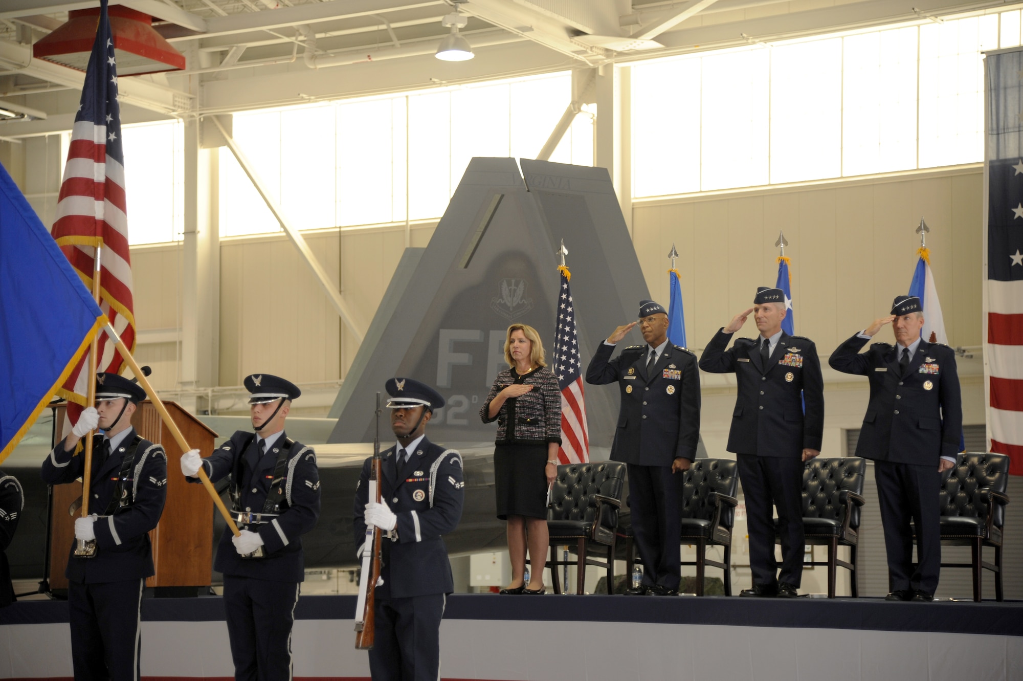 The 633rd Air Base Wing Honor Guard presents the colors at the Air Combat Command Change of Command ceremony at Langley Air Force Base, Va., Nov. 4, 2014. U.S. Air Force Gen Hawk Carlisle assumed command of ACC from Gen. Mike Hostage, who retired after 37 years of service to the Air Force. (U.S. Air Force photo by Staff Sgt. Candice Page/Released)