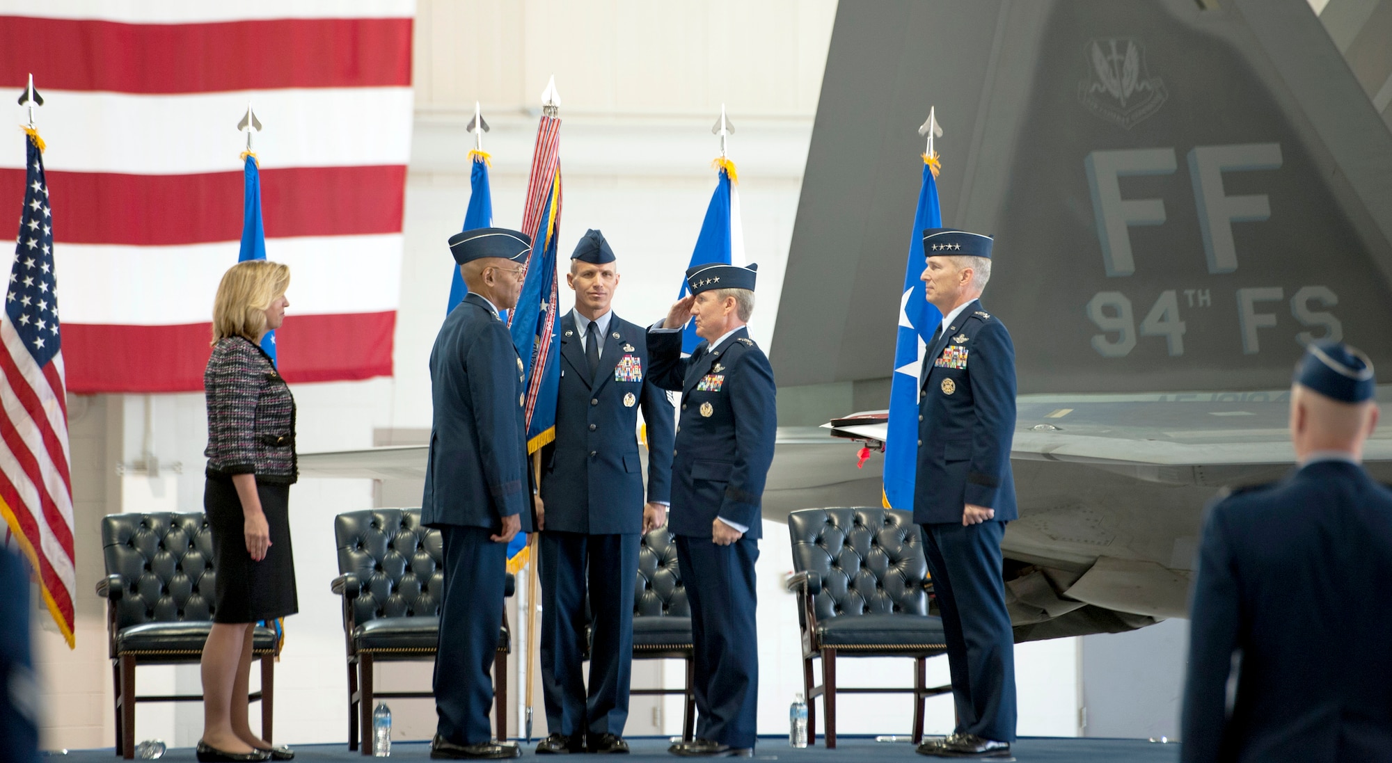Secretary of the Air Force Deborah Lee James and U.S. Air Force Vice Chief of Staff Gen. Larry O. Spencer welcome Gen. Hawk Carlisle as commander of Air Combat Command during the change of command ceremony at Langley Air Force Base, Va., Nov. 4, 2014.  Prior to taking the reins as commander ACC Carlisle led the Pacific Air Forces from August 2012 to October 2014. (U.S. Air Force photo by Sachel Seabrook/Released)
