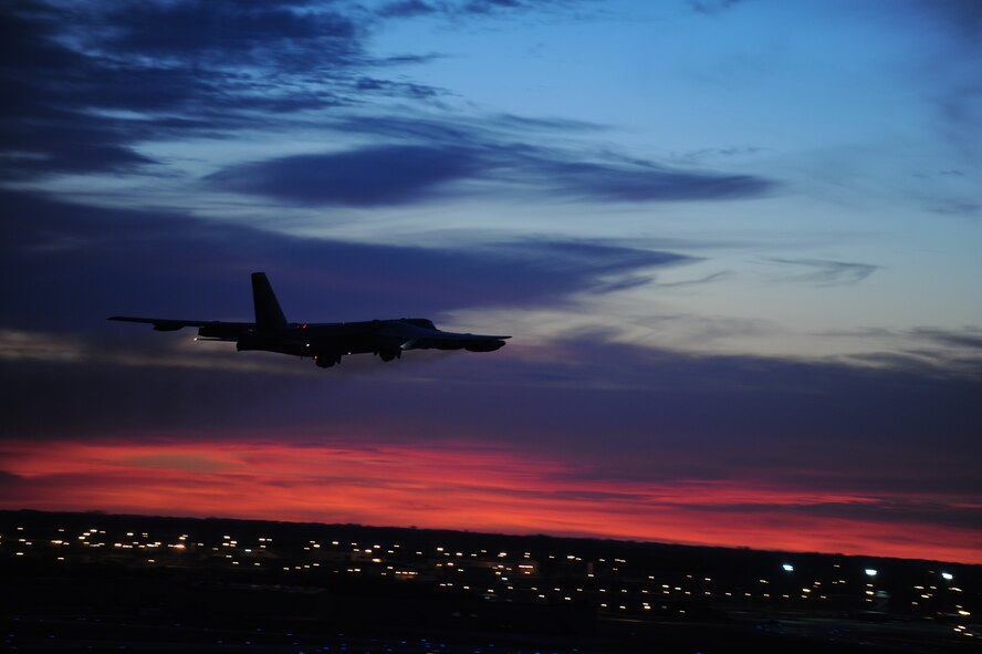 A B-52H Stratofortress takes off from Minot Air Force Base, N.D., Oct. 26, 2014, during Global Thunder 15. During the exercise, a series of B-52s took off in rapid succession to test the response capabilities of the base. Global Thunder is a U.S. Strategic Command annual field training and battle staff exercise designed to exercise all mission areas with primary emphasis on nuclear command, control and communications. This field training and battle staff exercise provides training opportunities for components, task forces, units, and command posts to deter, and if necessary, defeat a military attack against the United States and to employ forces as directed by the president. (U.S. Air Force photo by Senior Airman Stephanie Morris)