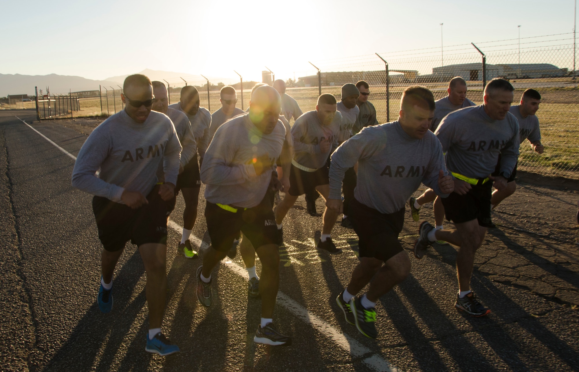Members of the 1st Battlefield Coordination Detachment being the running portion of the Army physical fitness test at Davis-Monthan AFB, Ariz., Nov. 4, 2014.  The test is a three-event physical performance test used to assess muscular endurance and cardiograms fitness for all ages. (U.S. Air Force photo by Staff Sgt. Adam Grant/Released)